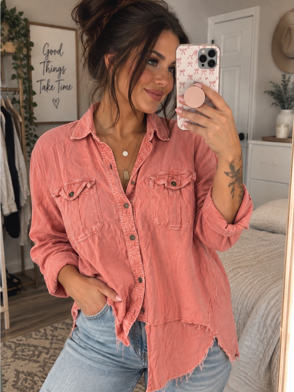 American Eagle Boyfriend Fit Distressed Button-Up Shirt – Size Large